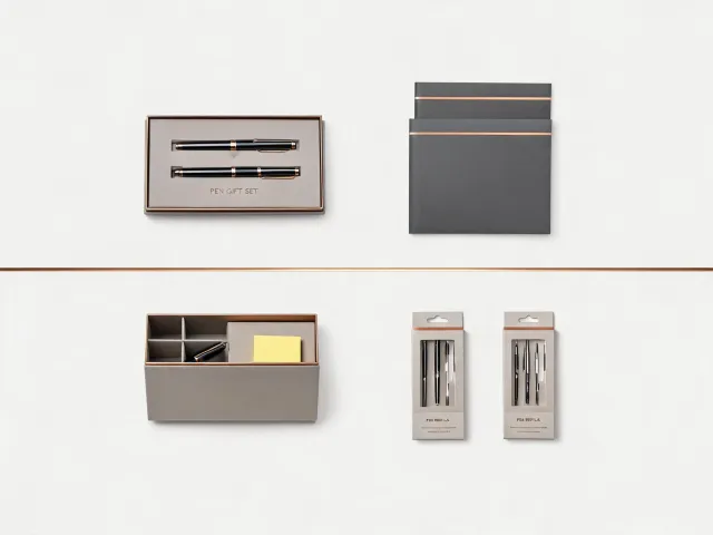 Desk essentials and packaged pen sets