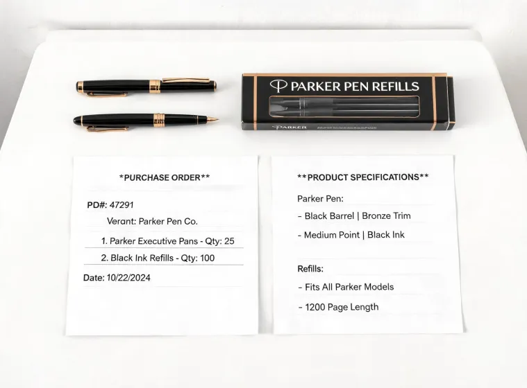 Procurement desk with Parker pens and specification sheets